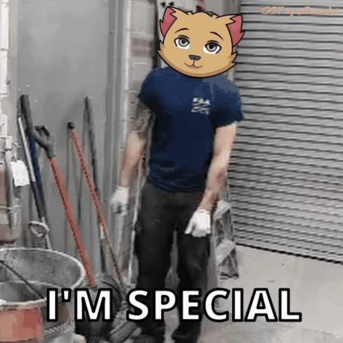 A Man Wearing A Cat Mask Says I 'M Special While Standing In A Warehouse GIF