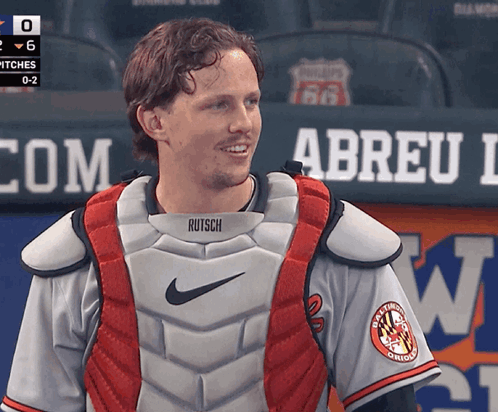 A Man Wearing A Catcher 'S Vest That Says Rutsch GIF
