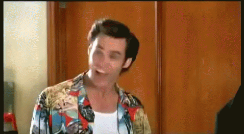 A Man Wearing A Colorful Shirt Is Standing In Front Of A Wooden Door . GIF
