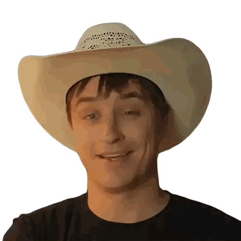 a man wearing a cowboy hat and a black shirt makes a funny face