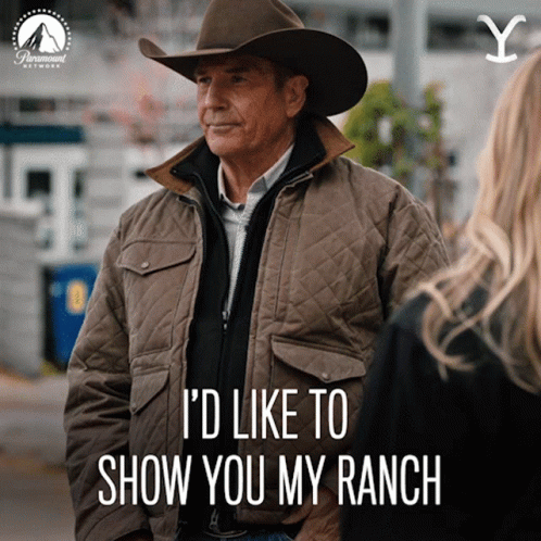 A Man Wearing A Cowboy Hat And A Jacket Says I 'D Like To Show You My Ranch GIF