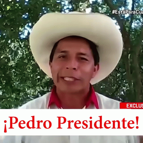 A Man Wearing A Cowboy Hat And A Red Shirt With The Words Pedro Presidente On The Bottom GIF