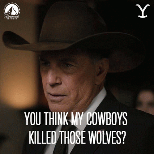 A Man Wearing A Cowboy Hat And A Suit Says You Think My Cowboys Killed Those Wolves GIF