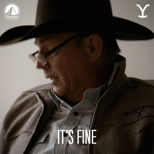A Man Wearing A Cowboy Hat And Glasses With The Words It 'S Fine On His Jacket GIF