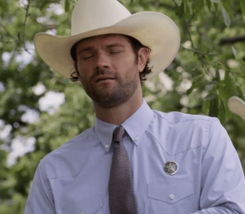a man wearing a cowboy hat has a badge on his chest