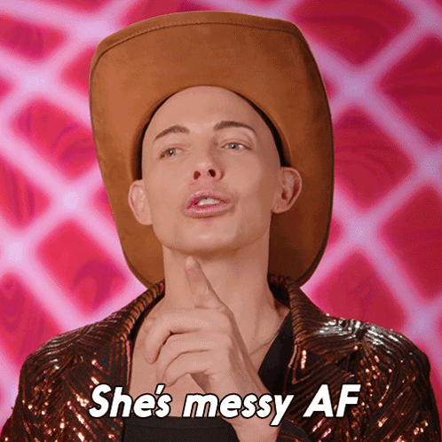 A Man Wearing A Cowboy Hat Has The Words She 'S Messy Af Above His Head GIF