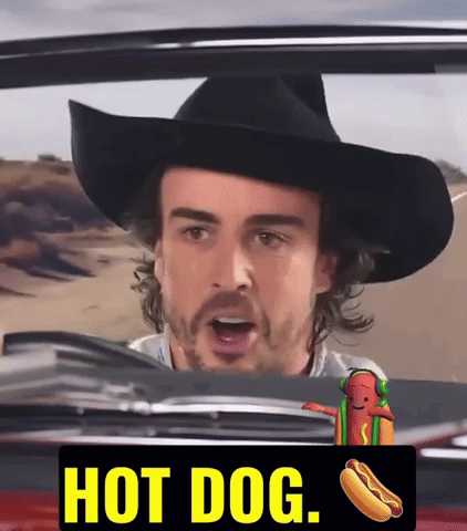 a man wearing a cowboy hat is driving a car with a hot dog on the hood
