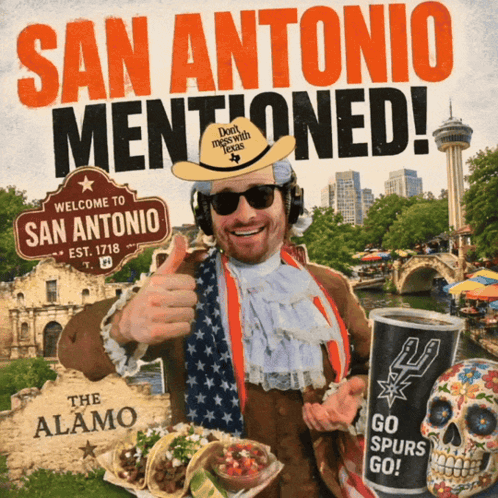 a man wearing a cowboy hat is giving a thumbs up in front of a sign that says san antonio mentioned
