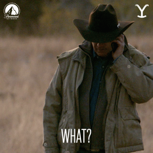 A Man Wearing A Cowboy Hat Is Talking On A Cell Phone And The Word What Is Above Him GIF