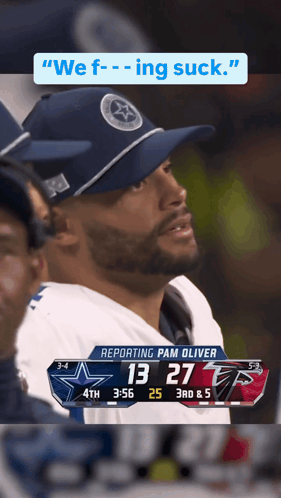 A Man Wearing A Cowboys Hat Is Watching A Football Game And Says " We F-Ing Suck " GIF