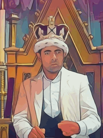A Man Wearing A Crown Is Sitting On A Throne With The Letter A On It GIF