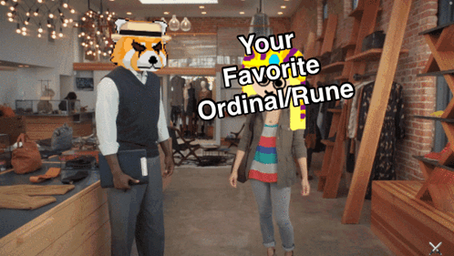 A Man Wearing A Dog Mask Talks To A Woman In A Store And Says Your Favorite Ordinal / Rune GIF