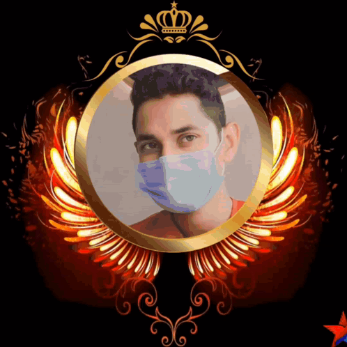 A Man Wearing A Face Mask Is In A Gold Frame With Wings GIF