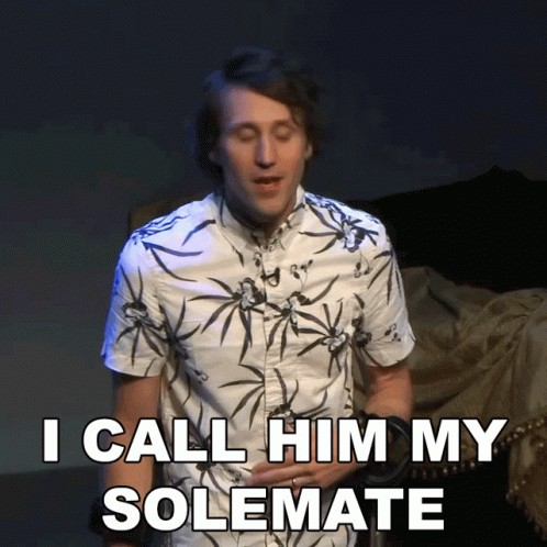 A Man Wearing A Floral Shirt Says I Call Him My Solemate GIF