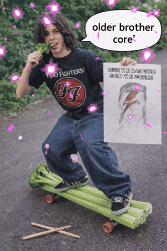 A Man Wearing A Foo Fighters Shirt Is Riding A Skateboard GIF