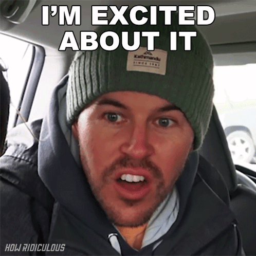 A Man Wearing A Green Beanie With The Words I 'M Excited About It Above Him GIF