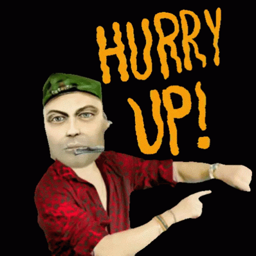 A Man Wearing A Green Hat And A Red Shirt Is Pointing At His Wrist And Says Hurry Up GIF