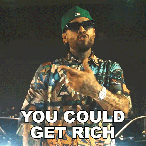 A Man Wearing A Green Hat And Sunglasses Says You Could Get Rich GIF