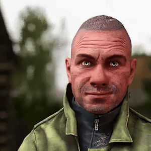 A Man Wearing A Green Jacket And A Black Turtleneck Is Looking At The Camera . GIF