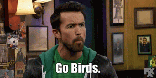 A Man Wearing A Green Shirt And A Black Jacket Says Go Birds GIF