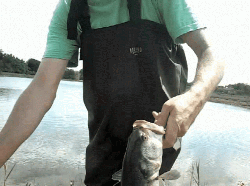 a man wearing a green shirt and black overalls holds a fish