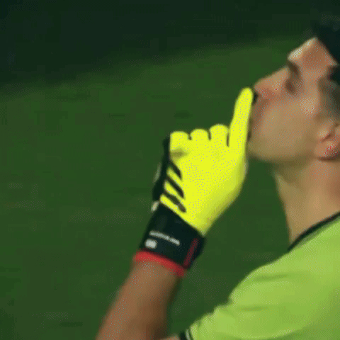 A Man Wearing A Green Shirt And Yellow Adidas Gloves Holds His Finger To His Mouth GIF