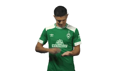 a man wearing a green shirt that says " weisenhof " on it
