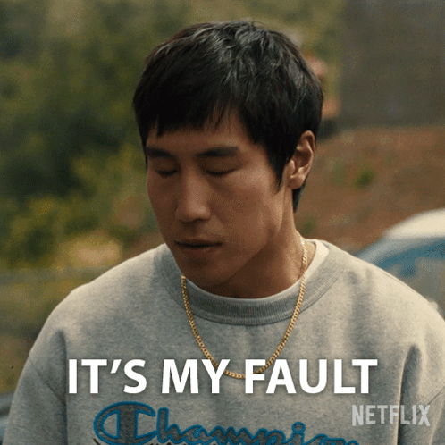 A Man Wearing A Grey Champion Sweatshirt Says It 'S My Fault GIF