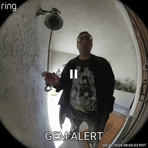 A Man Wearing A Guns N ' Roses Shirt Is Ringing A Doorbell GIF