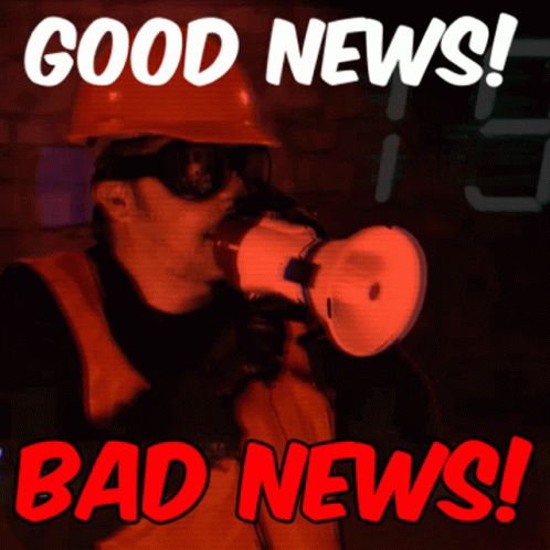 Man In Hard Hat Holding Megaphone Says Good News Bad News GIF