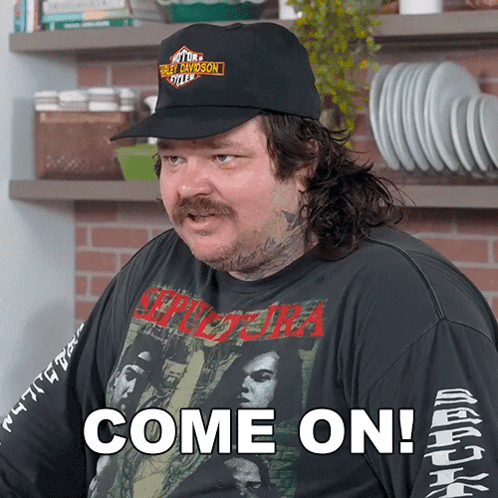 A Man Wearing A Harley Davidson Hat And Shirt Says Come On GIF