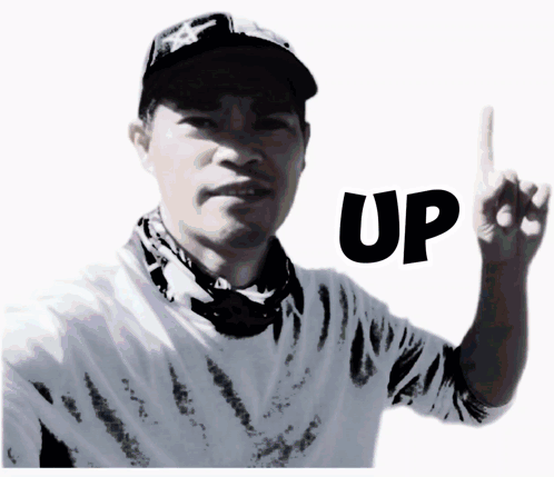 A Man Wearing A Hat And A Bandana Points Up With The Word Up Below Him GIF