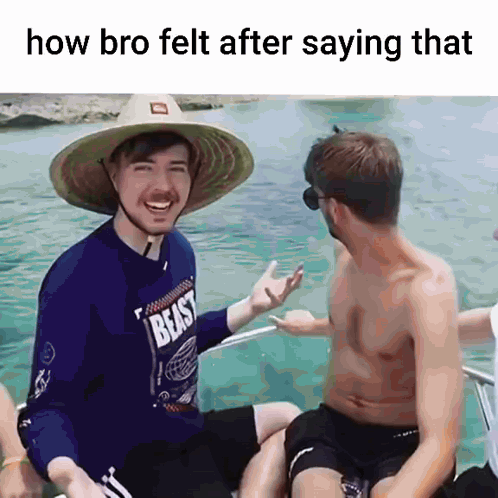 a man wearing a hat and a shirt that says beast is sitting on a boat