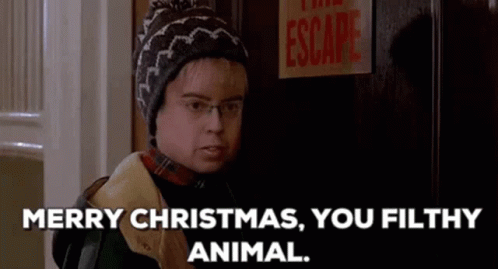 A Man Wearing A Hat And Glasses Is Standing In Front Of A Door And Says Merry Christmas , You Filthy Animal GIF