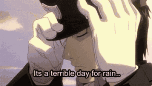 A Man Wearing A Hat And Gloves Says It Is A Terrible Day For Rain GIF