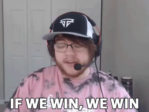 A Man Wearing A Hat And Headphones Is Saying If We Win We Win GIF
