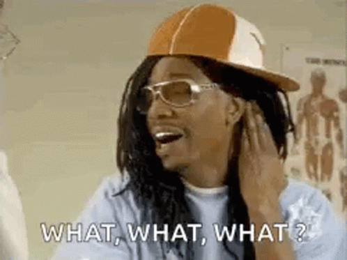 A Man Wearing A Hat And Sunglasses Is Laughing And Saying What , What , What . GIF