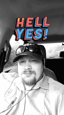 A Man Wearing A Hat And Sunglasses Is Sitting In A Car With The Words Hell Yes Behind Him GIF