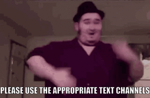 A Man Wearing A Hat Is Dancing In A Room And Asking People To Use The Appropriate Text Channels . GIF