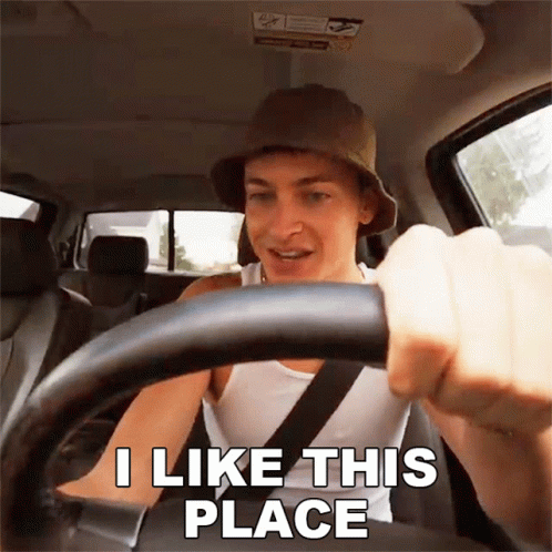 A Man Wearing A Hat Is Driving A Car And Says " I Like This Place " GIF