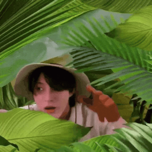 A Man Wearing A Hat Is Peeking Out From Behind A Palm Tree . GIF