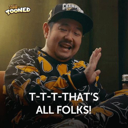 A Man Wearing A Hat That Says Champion On It Says " T-T-T-That 'S All Folks " GIF