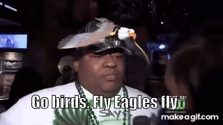 A Man Wearing A Hat With An Eagle On It And A Shirt That Says Go Birds Fly Eagles Fly GIF
