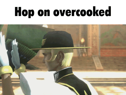 A Man Wearing A Hat With The Words Hop On Overcooked Below It GIF