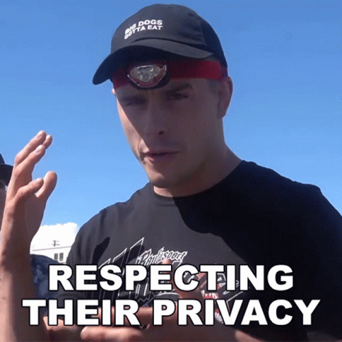 A Man Wearing A Hat With The Words Respecting Their Privacy Written On It GIF