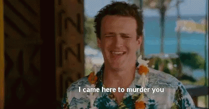 A Man Wearing A Hawaiian Shirt And A Lei Is Smiling And Says `` I Came Here To Murder You '' . GIF