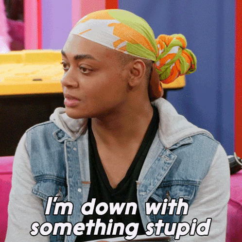 A Man Wearing A Headband And A Denim Jacket Says " I 'M Down With Something Stupid " GIF