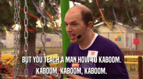 A Man Wearing A Headset Says But You Teach A Man How To Kaboom Kaboom Kaboom And Kaboom GIF