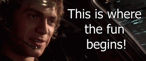 A Man Wearing A Headset With The Words " This Is Where The Fun Begins " Above Him GIF