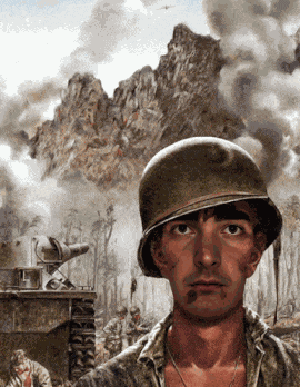 A Man Wearing A Helmet Stands In Front Of A Mountain With Smoke Coming Out Of It GIF